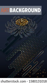 Black paper cut background. Abstract realistic layered papercut decoration textured with golden halftone pattern and chrysanthemum. 3d backdrop. Cover layout template. Material design concept. Vector 