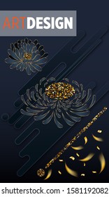 Black paper cut background. Abstract realistic layered papercut decoration textured with golden halftone pattern and chrysanthemum. 3d backdrop. Cover layout template. Material design concept. Vector 