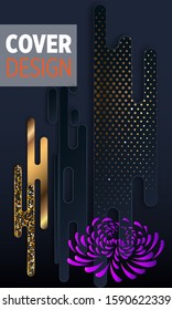 Black paper cut background. Abstract realistic layered papercut decoration textured with golden halftone pattern and chrysanthemum. 3d backdrop. Cover layout template. Material design concept. Vector 