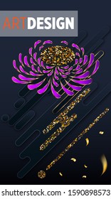 Black paper cut background. Abstract realistic layered papercut decoration textured with golden halftone pattern and chrysanthemum. 3d backdrop. Cover layout template. Material design concept. Vector 