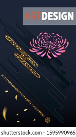 Black paper cut background. Abstract realistic layered papercut decoration textured with golden halftone pattern and chrysanthemum. Vector 