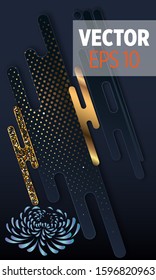 Black paper cut background. Abstract realistic layered papercut decoration textured with golden halftone pattern and chrysanthemum. 3d backdrop. Cover layout template. Material design concept. Vector 