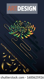 Black paper cut background. Abstract realistic layered papercut decoration textured with golden halftone pattern and chrysanthemum. 3d backdrop. Cover layout template. Material design concept. Vector 