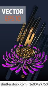 Black paper cut background. Abstract realistic layered papercut decoration textured with golden halftone pattern and chrysanthemum. 3d backdrop. Cover layout template. Material design concept. Vector 