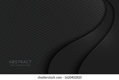 Black paper cut background. Abstract realistic papercut decoration textured with wavy abstract shapes and golden halftone pattern. 3d backdrop. Vector illustration. Cover layout template. Modern desig