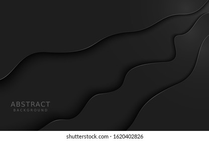 Black paper cut background. Abstract realistic papercut decoration textured with wavy abstract shapes and golden halftone pattern. 3d backdrop. Vector illustration. Cover layout template. Modern desig