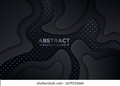 Black paper cut background. Abstract realistic papercut decoration with wavy layers and silver glitters. 3d topography relief. Vector topographic illustration. Cover layout template.