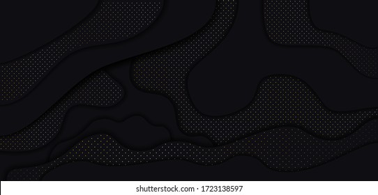 Black paper cut background. Abstract realistic paper cut decoration textured with wavy layers and golden halftone effect pattern. 3d topography relief. Vector illustration. Cover layout template.