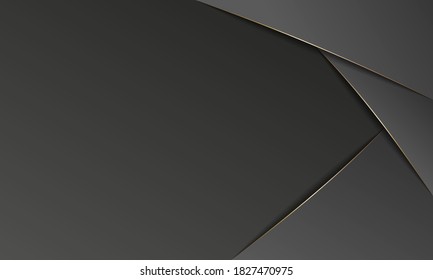 Black paper cut background. Abstract realistic papercut decoration textured with golden pattern. 3d topography relief. Vector illustration. Cover layout template.