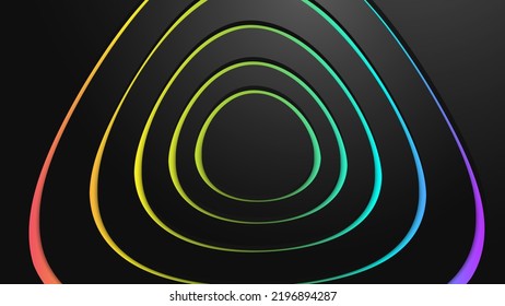 Black paper cut background. Abstract realistic papercut decoration textured with stepped layers. Technology material design concept. Rainbow neon light cover template 3d backdrop. Vector illustration.