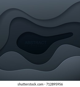 Black paper cut background. Abstract layered papercut decoration. Cardboard frame. Carving or origami art. Vector illustration. Cover layout template. Material design concept.