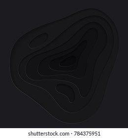 Black paper cut background. Abstract realistic papercut decoration textured with wavy layers. 3d topography relief. Carving art. Vector illustration. Cover layout template. Material design concept