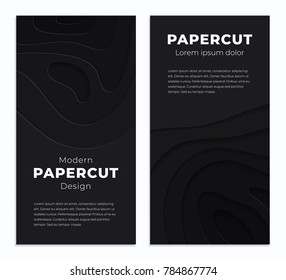 Black paper cut background. Abstract realistic papercut decoration textured with wavy layers. 3d topography relief. Carving art. Vector illustration. Cover layout template. Material design concept