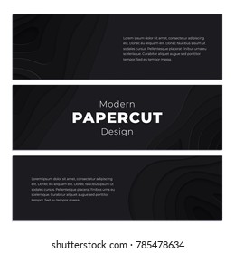 Black paper cut background. Abstract realistic papercut decoration textured with wavy layers. 3d topography relief. Carving art. Vector illustration. Cover layout template. Material design concept