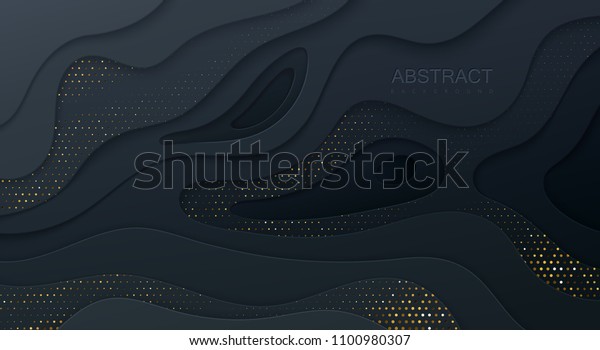 Black paper cut background. Abstract realistic papercut decoration textured with wavy layers and golden halftone effect pattern. 3d topography relief. Vector illustration. Cover layout template.
