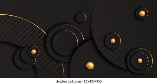 Fondo de corte de papel negro. Plantilla en estilo origami. Color negro tallado con bolas de oro. Ilustración vectorial en capas. Diseño para tarjetas, folletos, portadas, banners, folletos. Existencia.