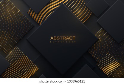 Papel negro cortado de fondo texturado con tonos dorados y patrones punteados. Decoración realista abstracta con capas cuadradas escalonadas. Ilustración vectorial. Concepto de diseño de material. Plantilla de portada