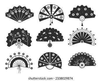 Black paper fans. Vintage chinese monochrome silhouettes, different shapes, decorative traditional souvenirs, beautiful asian folding tools, japanese geisha attributes, vector isolated set