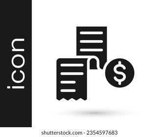 Black Paper or financial check icon isolated on white background. Paper print check, shop receipt or bill.  Vector