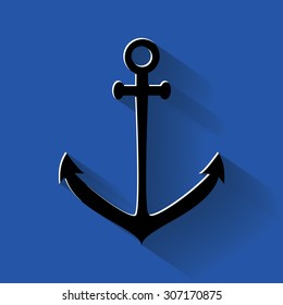 Black paper flat anchor isolated on dark blue background, naval equipment, vector illustration