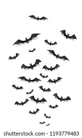 Black paper flying bats on white vertical background. Halloween greeting card elements set.