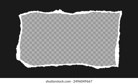 Black paper frame with torn piece in the center isolated on gray background. Blank page with uneven white edges. Template for text box, layout, collage, banner, photo. Vector EPS10 1920, 1080.