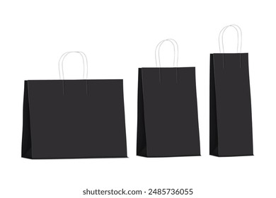 Black paper gift bag with twisted rope handles isolated on white background. Realistic vector mockup set. Blank gusseted package template. Mock-up for design