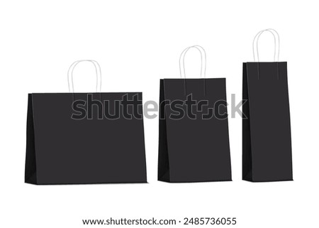 Black paper gift bag with twisted rope handles isolated on white background. Realistic vector mockup set. Blank gusseted package template. Mock-up for design