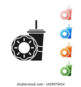 Black Paper glass with drinking straw and donut icon isolated on white background. Soda aqua drink sign. Fast food menu. Set icons colorful. Vector Illustration