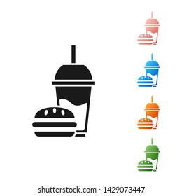 Black Paper glass with drinking straw and burger icon isolated on white background. Soda aqua drink sign. Hamburger, cheeseburger sandwich. Set icons colorful. Vector Illustration