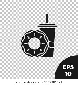 Black Paper glass with drinking straw and donut icon isolated on transparent background. Soda aqua drink sign. Fast food menu.  Vector Illustration
