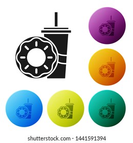 Black Paper glass with drinking straw and donut icon isolated on white background. Soda aqua drink sign. Fast food menu. Set icons colorful circle buttons. Vector Illustration