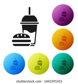 Black Paper glass with drinking straw and burger icon isolated on white background. Soda aqua drink sign. Hamburger, cheeseburger sandwich. Set icons colorful circle buttons. Vector Illustration