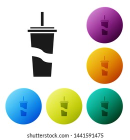 Black Paper glass with drinking straw and water icon isolated on white background. Soda drink glass. Fresh cold beverage symbol. Set icons colorful circle buttons. Vector Illustration