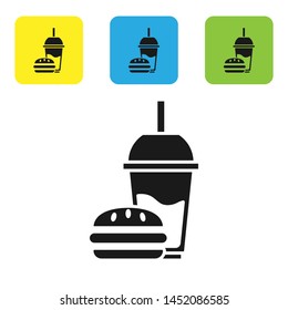 Black Paper glass with drinking straw and burger icon isolated on white background. Soda aqua drink sign. Hamburger, cheeseburger sandwich. Set icons colorful square buttons. Vector Illustration