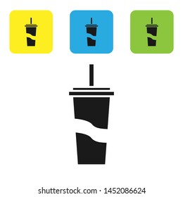 Black Paper glass with drinking straw and water icon isolated on white background. Soda drink glass. Fresh cold beverage symbol. Set icons colorful square buttons. Vector Illustration