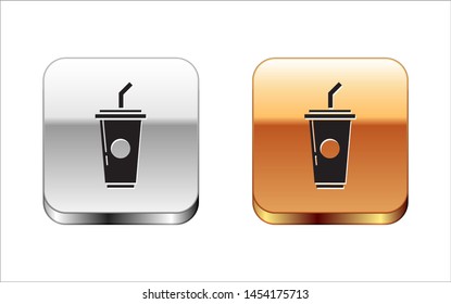 Black Paper glass with drinking straw and water icon isolated on white background. Soda drink glass. Fresh cold beverage symbol. Silver-gold square button. Vector Illustration