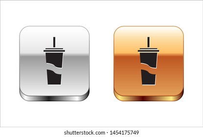 Black Paper glass with drinking straw and water icon isolated on white background. Soda drink glass. Fresh cold beverage symbol. Silver-gold square button. Vector Illustration
