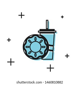 Black Paper glass with drinking straw and donut icon isolated on white background. Soda aqua drink sign. Fast food menu.  Vector Illustration