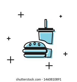 Black Paper glass with drinking straw and burger icon isolated on white background. Soda aqua drink sign. Hamburger, cheeseburger sandwich.  Vector Illustration