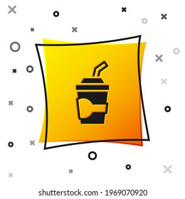 Black Paper glass with drinking straw and water icon isolated on white background. Soda drink glass. Fresh cold beverage symbol. Yellow square button. Vector