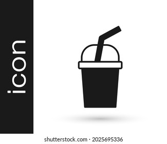 Black Paper glass with drinking straw and water icon isolated on white background. Soda drink glass. Fresh cold beverage symbol.  Vector