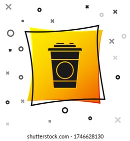 Black Paper glass icon isolated on white background. Soda drink glass. Fresh cold beverage symbol. Yellow square button. Vector Illustration
