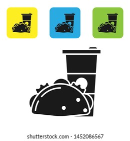 Black Paper glass and taco with tortilla icon isolated on white background. Soda aqua drink sign. Hamburger, burger, cheeseburger sandwich. Set icons colorful square buttons. Vector Illustration