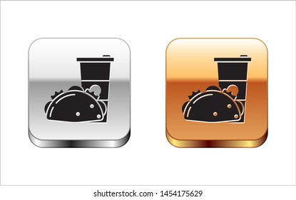 Black Paper glass and taco with tortilla icon isolated on white background. Soda aqua drink sign. Hamburger, burger, cheeseburger sandwich. Silver-gold square button. Vector Illustration