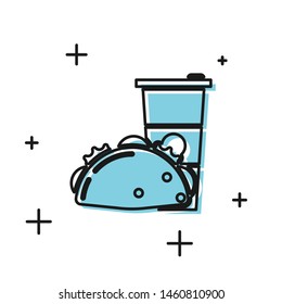 Black Paper glass and taco with tortilla icon isolated on white background. Soda aqua drink sign. Hamburger, burger, cheeseburger sandwich.  Vector Illustration