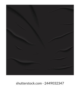 Black paper glued, crumpled or wet with wrinkles, blank sheet grunge sticker isolated on background. Advertising poster