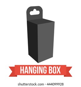 Black paper hanging box set. Packaging container with hanging hole. Mock up template. Vector illustration on white background.