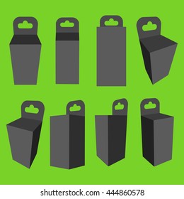 Black paper hanging box set. Packaging container with hanging hole. Mock up template. Vector illustration isolated on green background.