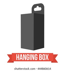 Black paper hanging box set. Packaging container with hanging hole. Mock up template. Vector illustration on white background.